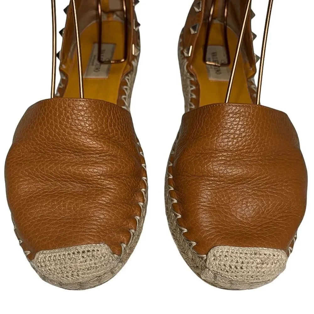 Valentino Garavani Rockstud Espadrille Studded Ankle Wrap Flats EU 37 US 7 Brown